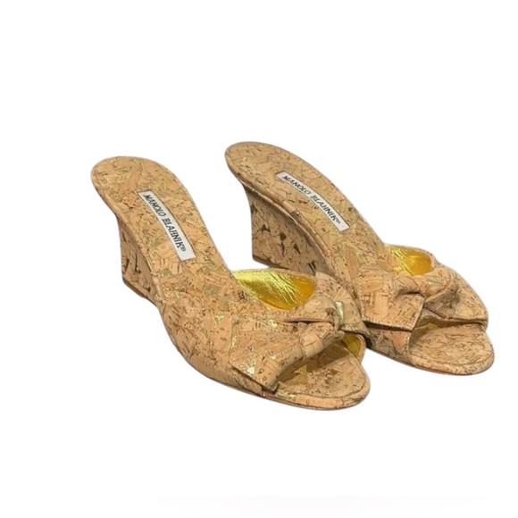 Pre-loved Manolo Blahnik Cork Wedge Sandals - Tan and Gold - Picture 2 of 6
